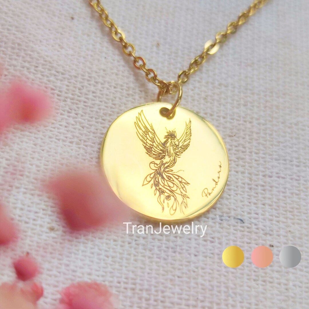 Phoenix Necklace Name Necklace Engraved Necklace Disc Necklace With