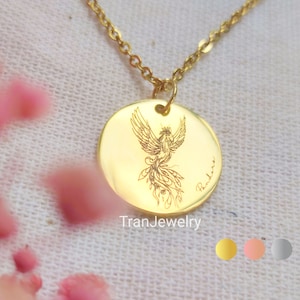 Phoenix Necklace • Name Necklace • Engraved Necklace • Disc Necklace With Name • Nameplate Necklace • Gift For Her