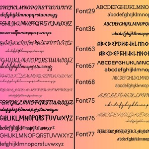 May include: An image displaying a selection of fonts, each presenting the alphabet in upper and lower case. The fonts vary in style, from traditional to ornate, with examples labelled Font1, Font9, Font10, Font12, Font19, Font20, Font21, Font24, Font28, Font29, Font36, Font63, Font67, Font68, Font75, Font76, and Font77.