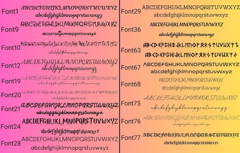 May include: An image displaying a selection of fonts, each presenting the alphabet in upper and lower case. The fonts vary in style, from traditional to ornate, with examples labelled Font1, Font9, Font10, Font12, Font19, Font20, Font21, Font24, Font28, Font29, Font36, Font63, Font67, Font68, Font75, Font76, and Font77.