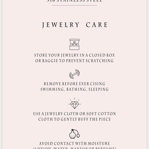 May include: A light pink graphic with the text "MATERIAL 316 STAINLESS STEEL" and "JEWELLERY CARE". Instructions include storing jewellery in a closed box, removing before exercise, and avoiding moisture.