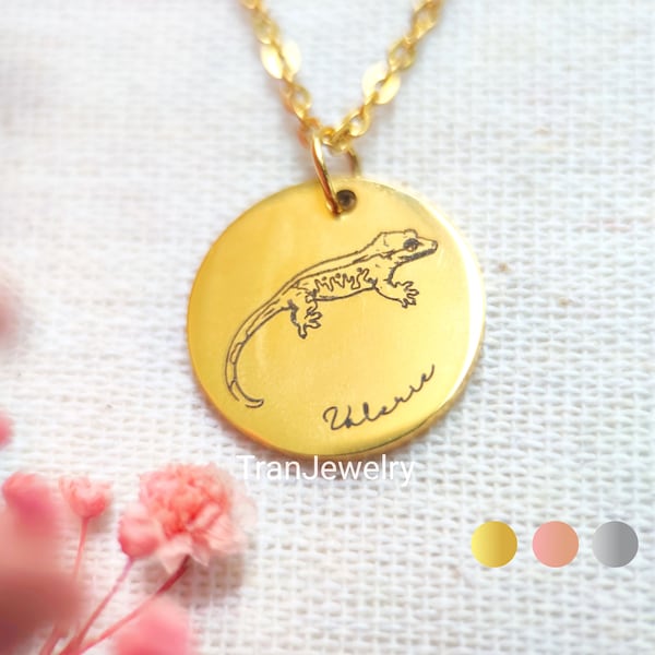 Collier Gecko à crête • Collier animal • Collier nom • Collier disque avec nom • Cadeaux pour elle