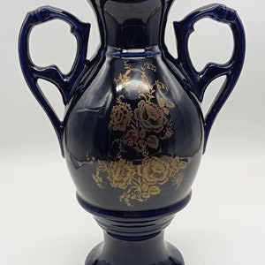 Vase vintage Art déco 100 % cobalt, pièce maîtresse décorative peinte à la main en or, vase bleu de collection à deux poignées, vase à fleurs sur pied floral