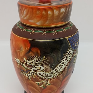 Vintage Porcelain Nippon Tokusei Vase With Lid, Japan Special Make Orange Dragon Urn, Hand Painted Moriage Technique Dragonware