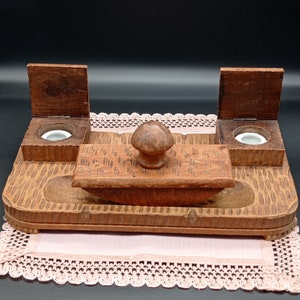 Vintage Wooden Inkwell And Blotter Set, Double Inkwell, Handmade Rocking Ink Blotter, Wood Desk Inkstand Art Decorated