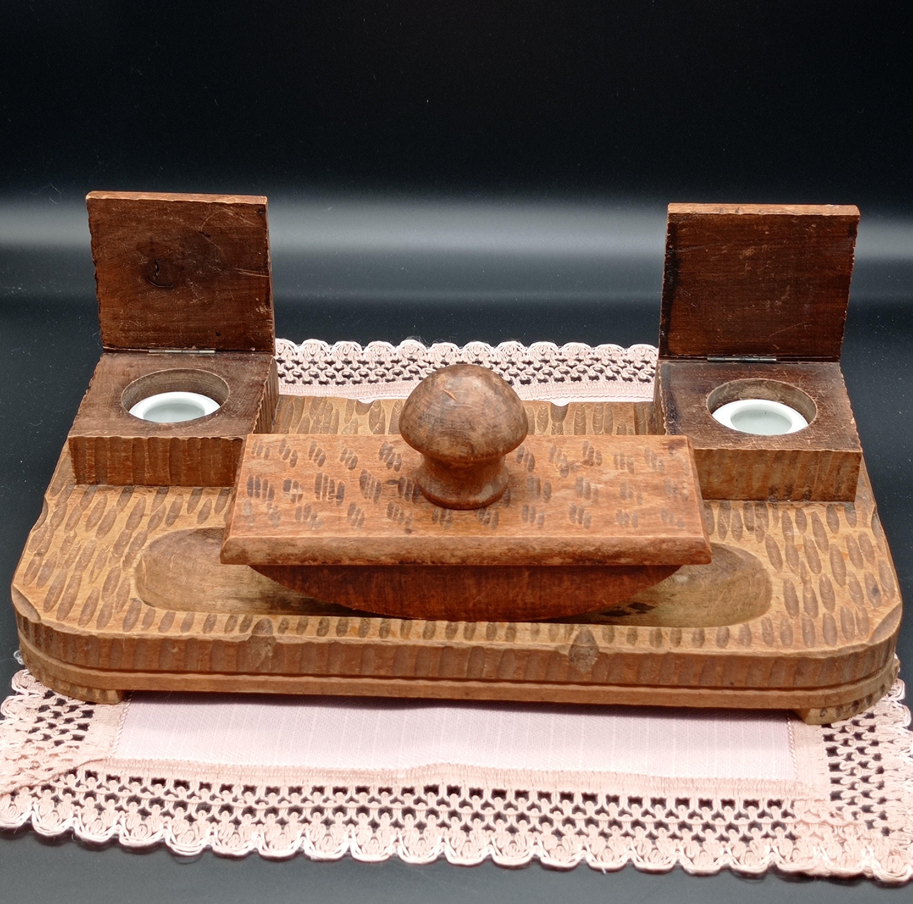 Vintage Wooden Inkwell and Blotter Set, Double Inkwell, Handmade