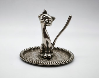 Vintage versilberter Ringhalter Katze – Mid Century Schmucktablett – Retro-Silber Katzenfigur – skurriler Ringständer – Geschenk für Katzenliebhaber