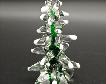 Vintage Genuine Venetian Murano Glass Christmas Tree, Hand Made Snowy Pine Tree, Decorative Murano Green, Clear Glass Tree