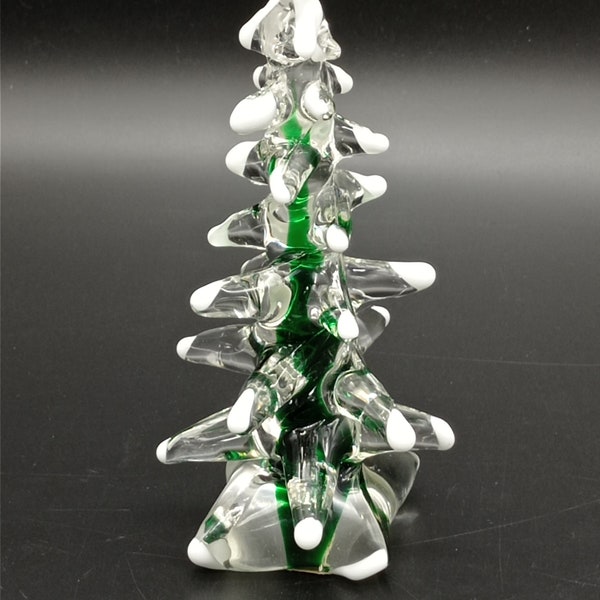 Vintage Genuine Venetian Murano Glass Christmas Tree, Hand Made Snowy Pine Tree, Decorative Murano Green, Clear Glass Tree