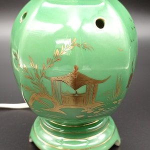 Vintage Dresden Porcelain Perfume Lamp, Green Asian Urn Form Lamp, Small Decorative Table Light From Germany