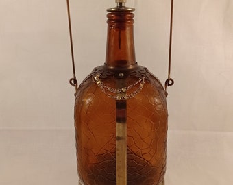Vintage Carafe With Playing Music Box, Decorated  Whiskey Decanter, Square Brown Bottle with Rounded Corners, Lantern Design 1970s