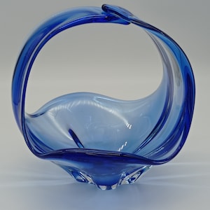 Vintage  Cobalt Blue Czech Art Glass Basket, Confectionery Bowl With Overlapped Handle, Handblown Fruit Basket, Blue Centrepiece, Home Décor