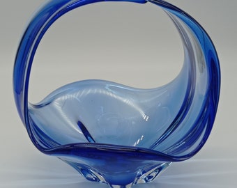 Vintage  Cobalt Blue Czech Art Glass Basket, Confectionery Bowl With Overlapped Handle, Handblown Fruit Basket, Blue Centrepiece, Home Décor