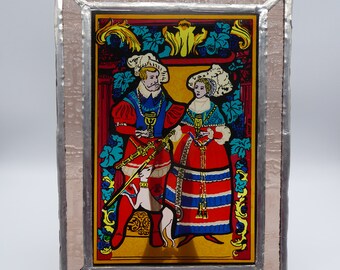 Vintage Stained Glass Picture With Brass Frame, Actors on the Stage  Display Panel, British Culture Picture, Colourful Glass Illustration