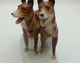 Vintage Hound Figurine, Decorative Shepherds Dogs Statue, Brown And White Animal Figure, A Pair of Standing Dogs Figurine