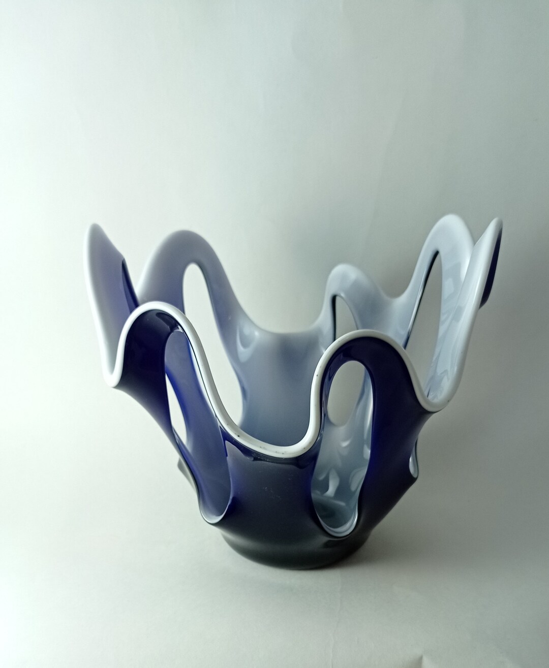 Vintage Krosno Macora Sculptural Art Glass Vase, Open Fruit Bowl, Retro