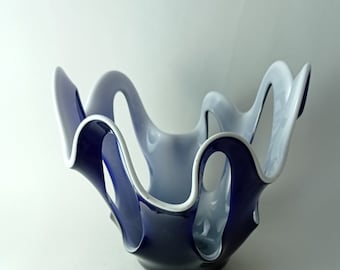 Vintage Krosno Macora Sculptural Art Glass Vase, Open Fruit Bowl, Retro Handmade Ruffle Glass Vase, Home Décor Blue/White Vase