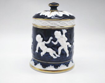Vintage Cobalt Blue Porcelain Jar with Lid – Putti Relief – Echt Kobalt – Handpainted GDR – M 1817 Plaue Germany – Cherub Trinket Box