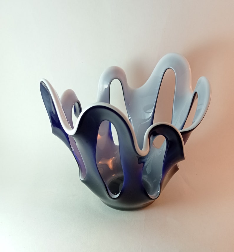 Vintage Krosno Macora Sculptural Art Glass Vase, Open Fruit Bowl, Retro