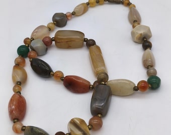 Vintage Natural Stone Necklace – Mixed Agate/Jasper Gemstone Beads, Earth Tone Boho Jewelry, 56 cm, Chunky Beaded Necklace