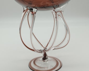 Tigela de vidro transparente vintage Jozefina, porta-velas escultural de vidro bordô, tigela decorativa polonesa feita à mão.