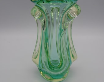 Vintage Green Clear Glass Czech Flower Vase, Handmade Art Glass Vase, Green Bohemian Glass Centrepiece, Rare Home Décor  Gift