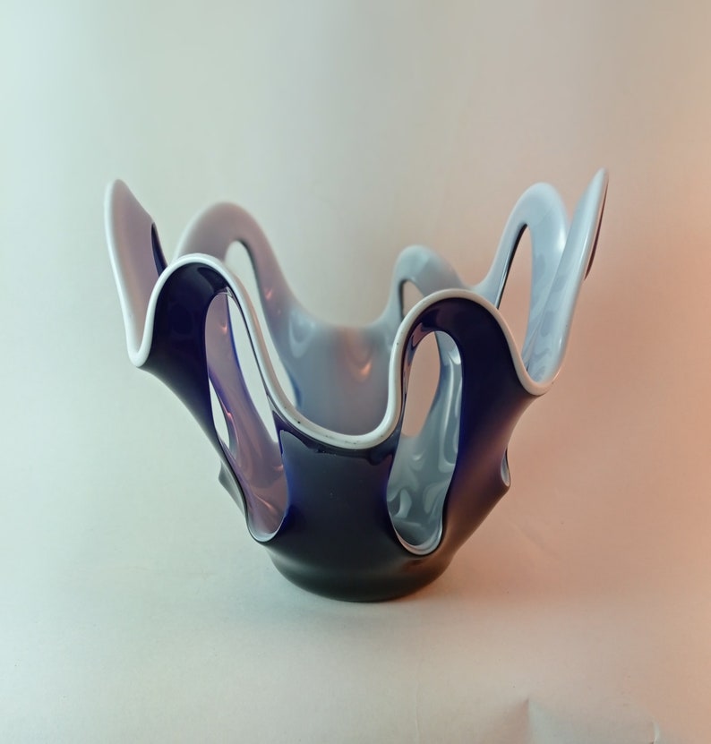 Vintage Krosno Macora Sculptural Art Glass Vase, Open Fruit Bowl, Retro