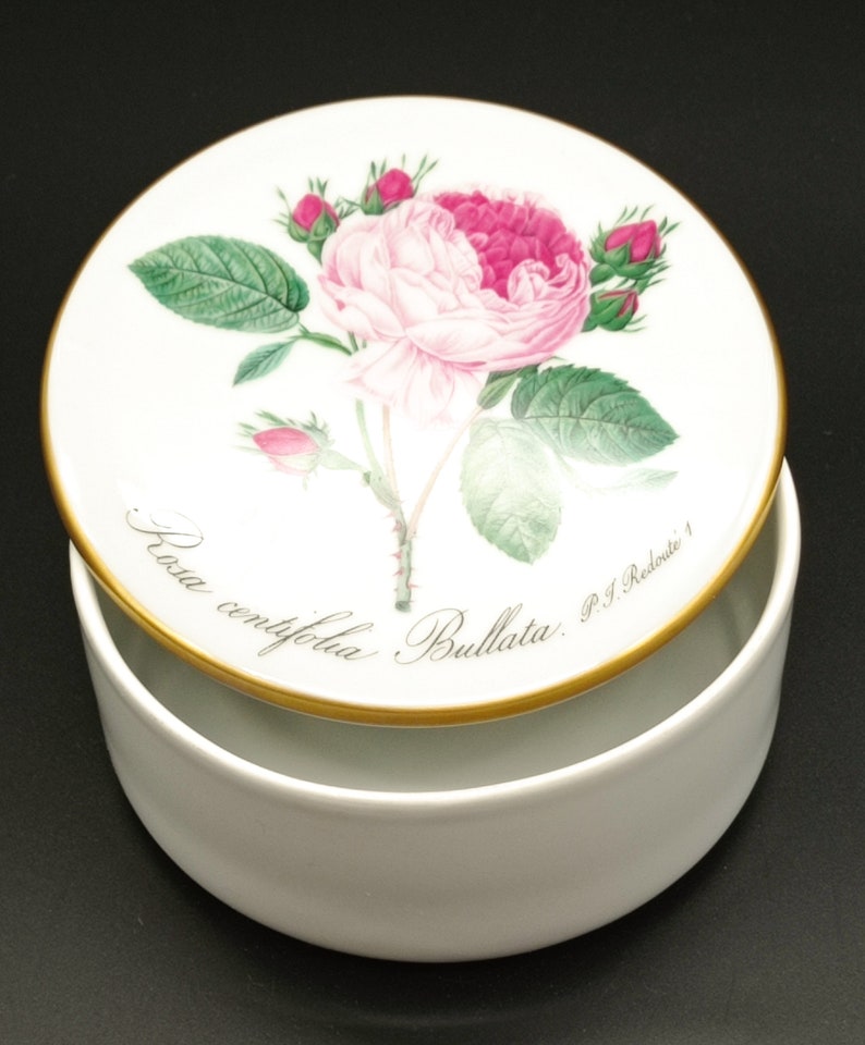 Vintage Hutschenreuther Rosa Centifolia Bbullata Jewellery Box By P.J. Redoute, Round Pill Box, Rose Motive Ring Trinket Box, Gold Trim Box image 6
