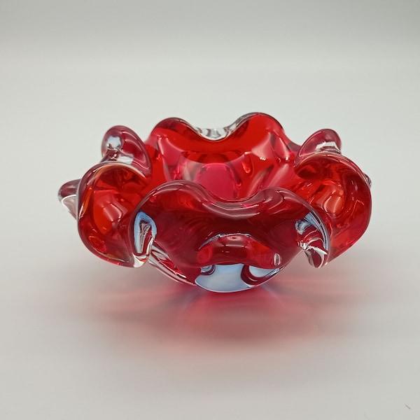 Vintage Red Murano Glass Bowl, Italian Flower Shaped Decorative Bowl, Red And Clear Glass Ashtray, Small Bright Red Glass Gift