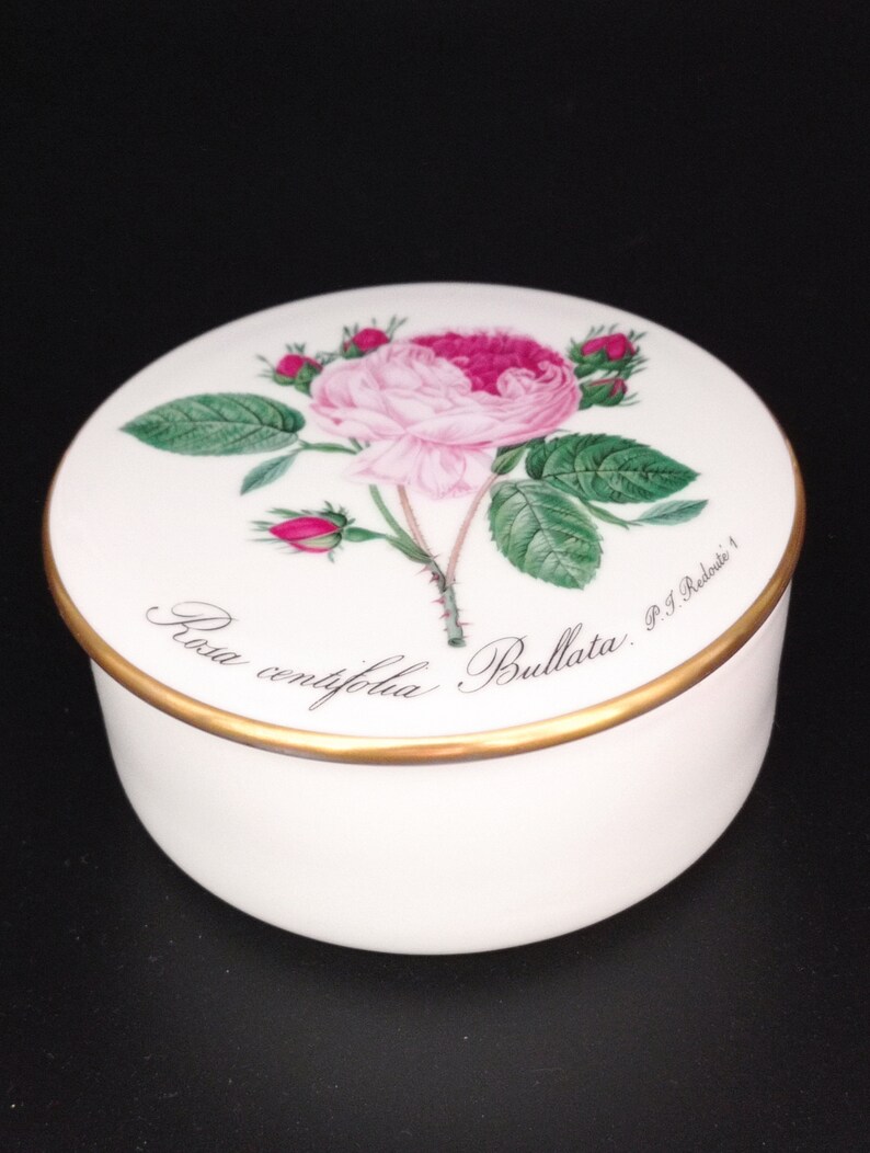 Vintage Hutschenreuther Rosa Centifolia Bbullata Jewellery Box By P.J. Redoute, Round Pill Box, Rose Motive Ring Trinket Box, Gold Trim Box image 5