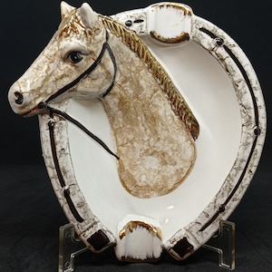 Vintage Ceramic Horseshoe Ashtray, Hand Painted Horse Head Ashtray, Home Décor Item For Good Luck, Golden Accents Horse Head Ashtray