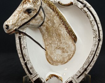 Vintage Ceramic Horseshoe Ashtray, Hand Painted Horse Head Ashtray, Home Décor Item For Good Luck, Golden Accents Horse Head Ashtray