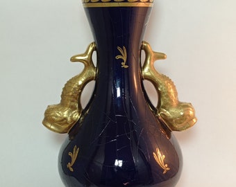 Vintage Art Deco Janet Pinon Blue Vase,  Gold Hand-painted,  Cracked Finish Decorative, Collectable Vase France 1920