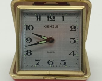 Vintage Kienzle Travel Alarm Clock, Mechanic Old Pocket Clock, Folding Small Clock, Red Case Folding Alarm Clock