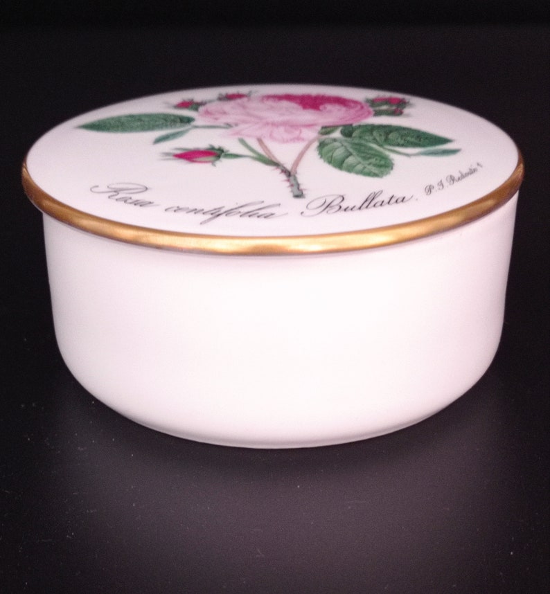 Vintage Hutschenreuther Rosa Centifolia Bbullata Jewellery Box By P.J. Redoute, Round Pill Box, Rose Motive Ring Trinket Box, Gold Trim Box image 3