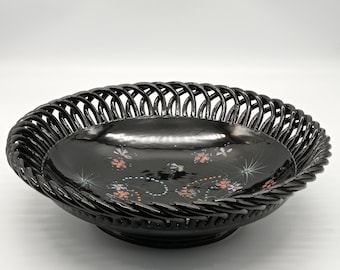 Vintage Castelli Ceramic Fruit Plate, Black Reticulated Rim Fruit Bowl, Floral Pattern Pierced Lattice Rim Plate, Rare Italian Centrepiece
