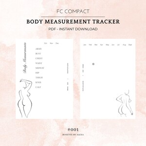 May include: Printable body measurement tracker with a minimalist line drawing of a person. The tracker includes sections for recording measurements for arms, bust, chest, waist, hips, thighs, knees, and calves. The tracker is divided into two sections, one for October, November, and December, and the other for January through September.