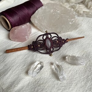 Rose quartz hair needle | berry | macrame