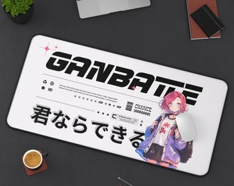 Ganbatte Anime Desk Mat, Motivational Kawaii Girl Gaming Pad, New Semester Desk Deco Mouse Pad