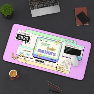 Your Smile Matters | Kawaii Y2K Coding Retro Tech Desk Mat, Cute Pastel Pixel Gamer Mouse Pad