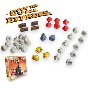 Puede incluir: Un tablero de juego con una locomotora, pepitas de oro, bolsas de dinero y gemas rojas. El juego se llama "Colt Express".