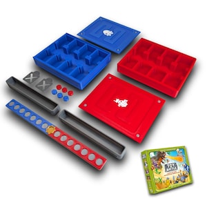 Peut inclure: Un jeu de société avec des composants rouges, bleus et gris. L'ensemble comprend des plateaux de jeu, des plateaux, des jetons et une boîte avec le titre du jeu "Toy Battle" et des illustrations de personnages.
