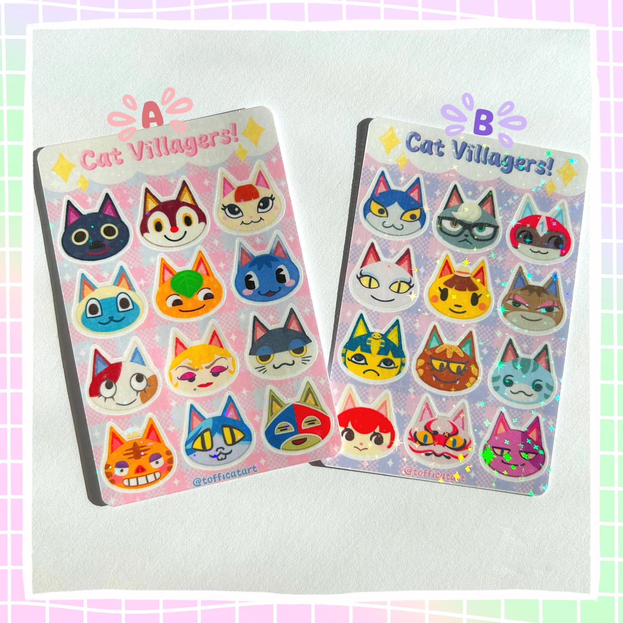 ACNH Cat Villager Holographic and Water Resistant Sticker Sheets! | All Cat Villagers! | Starry Holographic Animal Crossing Stickers!