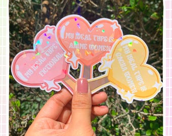 Mein Idealtyp sind Fiktionale Sticker! | Anime Frauen und Männer | Gacha für Frauen und Männer | Holographische wasserfeste Lollipop Herz Aufkleber