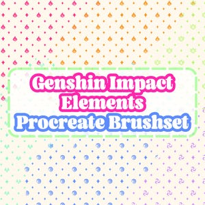 May include: A digital art design featuring a repeating pattern of colorful symbols and the text "Genshin Impact Elements Procreate Brushset" in a vibrant, outlined font. The background has a soft, pastel color scheme.