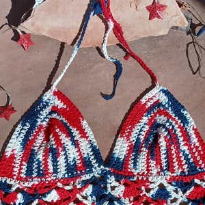 Crocheted Boho Crop Top/ Patriotic Crop Top/4th of July Boho Crop Top/Bralette/Corset Back adjustable/Swimwear/Festive