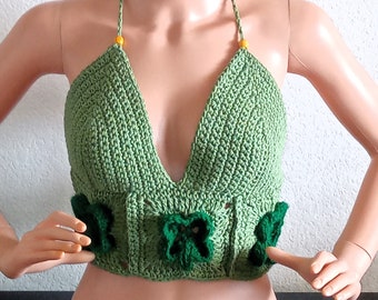 Crocheted Boho Crop Top/ St Patrick's Day Crop Top/3D Clover/Festival