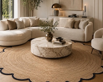 Handwoven Jute Rug | Scalloped Edge Round Area Carpet, Boho Farmhouse Style Round Jute Rug Available in various colors