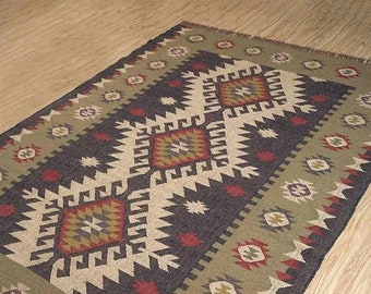 Jute Rug - Handloomed Wool Jute runner Rug, Handmade Kilim Dhurrie, Traditional Indian rugs