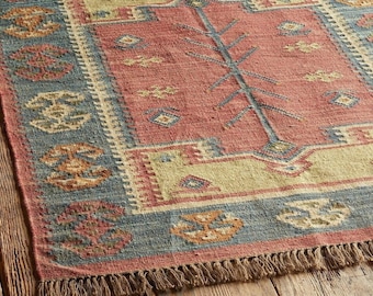 Alfombra Kilim de lana y yute tejida a mano de 6x9 y 8x10 pies, alfombra con diseño tribal indio geométrico bohemio, alfombra Kilim Dhurrie, motivos, alfombra tradicional india